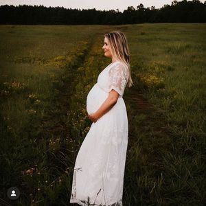 PinkBlush White Lace Mesh Overlay Maternity Maxi Dress Medium